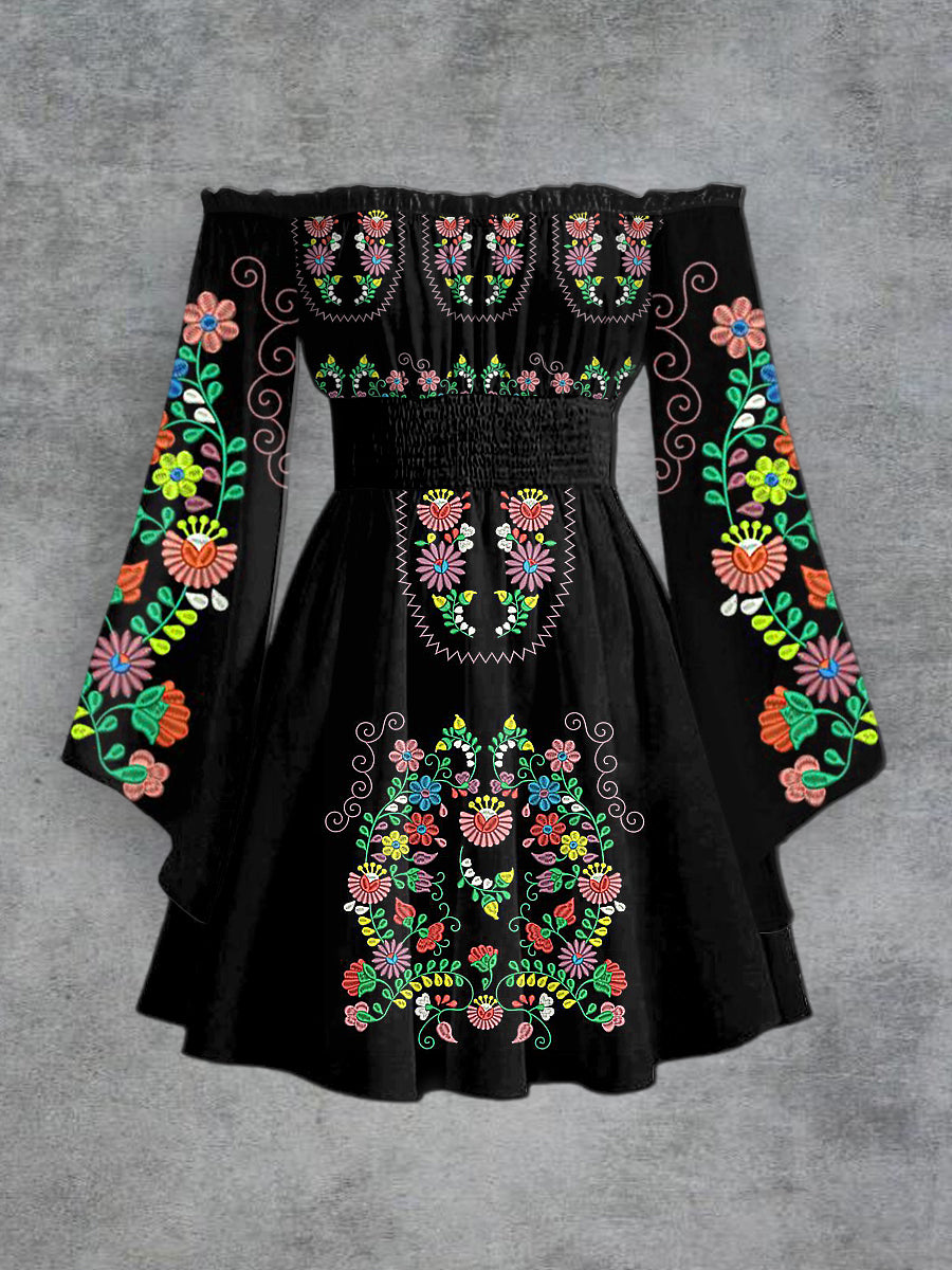 Moda elegante de las mujeres impresión floral un hombro trompeta manga vestido
