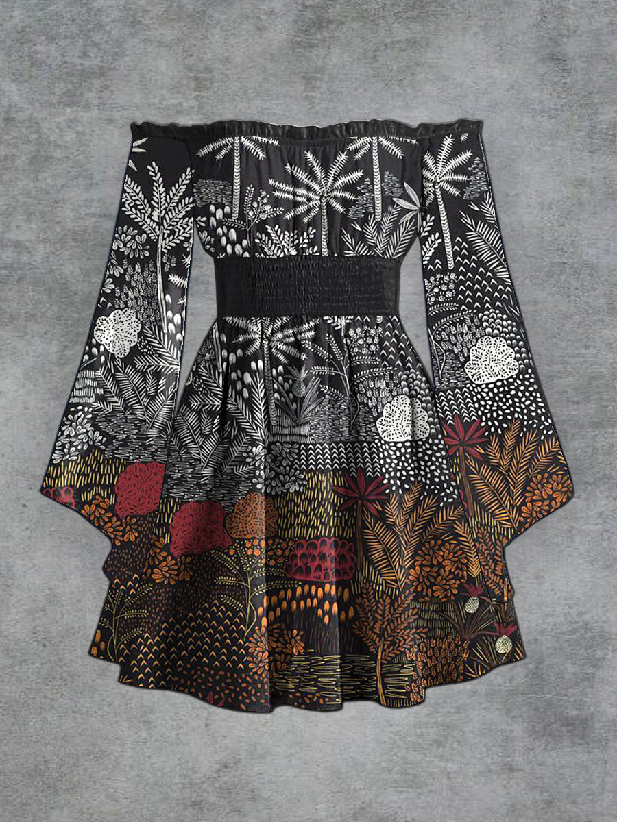 Moda elegante de las mujeres bosques tropicales impresión floral un hombro Trompetas manga vestido