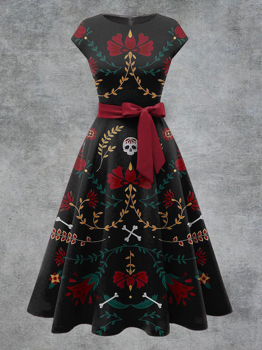 Vestido de Midi con cinturón de arco de impresión floral de cráneo vintage para mujer