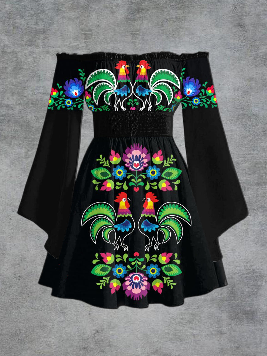 Moda elegante de las mujeres Gallo impresión floral un hombro Trompetas manga vestido