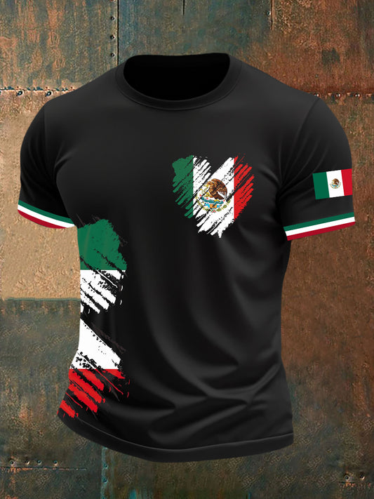 Camiseta de manga corta con estampado de bandera mexicana para hombre