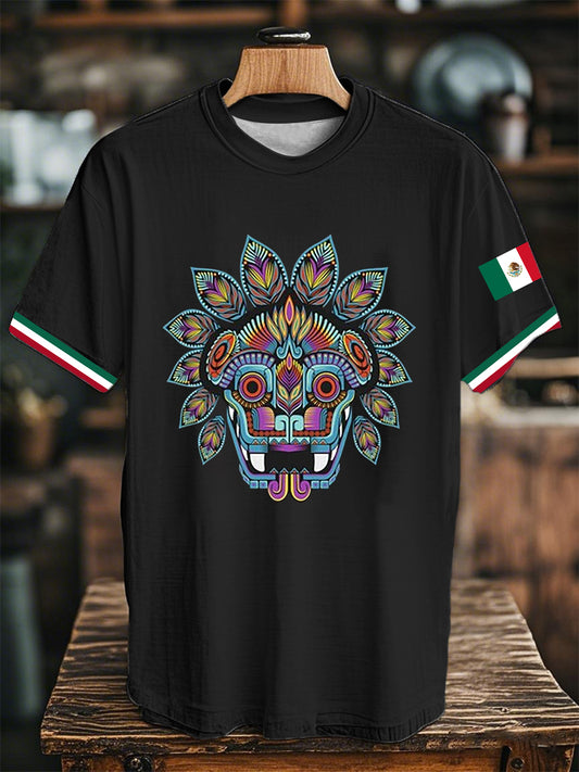 Camiseta de manga corta con estampado de bandera azteca mexicana unisex