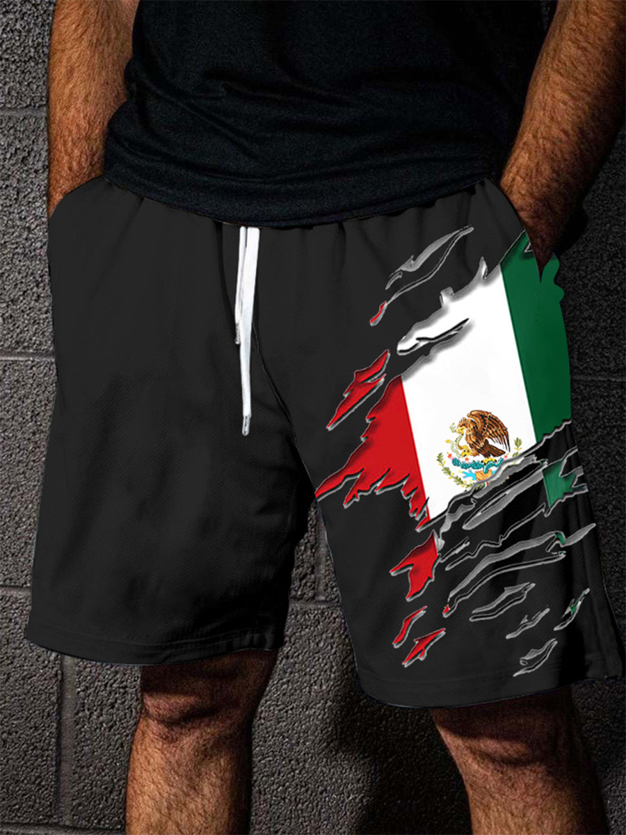 Pantalones cortos casuales con estampado de bandera mexicana para hombres