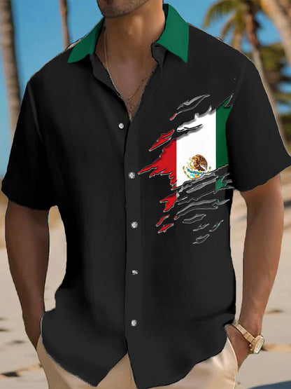 Camisa casual con estampado de bandera mexicana para hombre