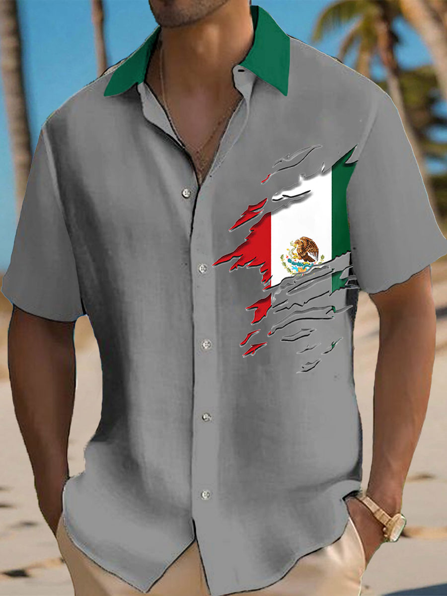 Camisa casual con estampado de bandera mexicana para hombre