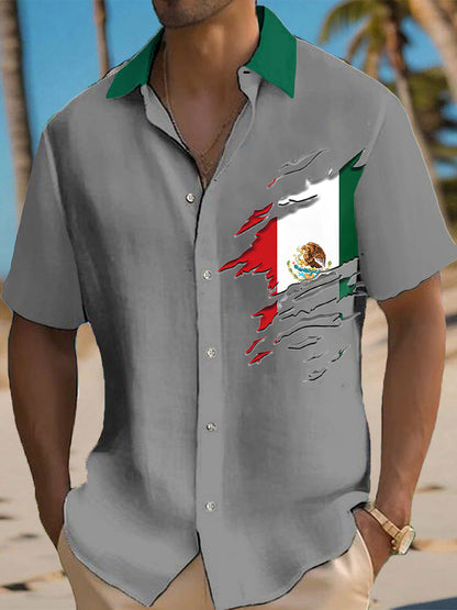 Camisa casual con estampado de bandera mexicana para hombre