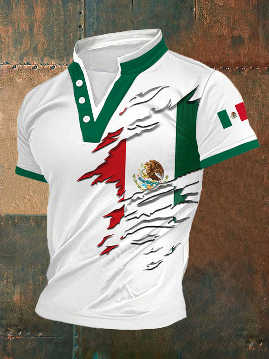 Camiseta con cuello en V casual con estampado de bandera mexicana para hombre