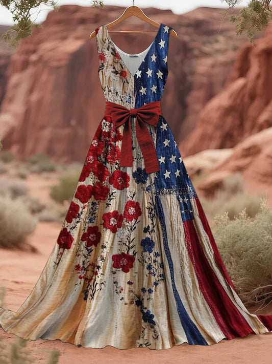 Retro USA Flag Floral Art Print V-cuello sin mangas de algodón Maxi vestido