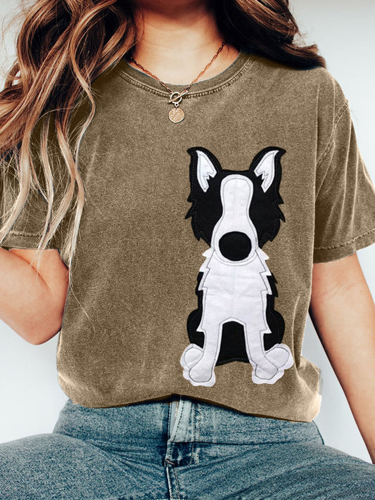 Camiseta encantadora del vintage del arte del remiendo del perro de las mujeres
