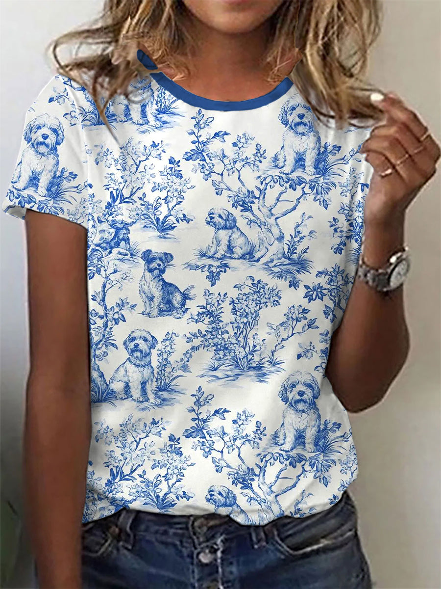 Camiseta casual estampada de perros para mujer