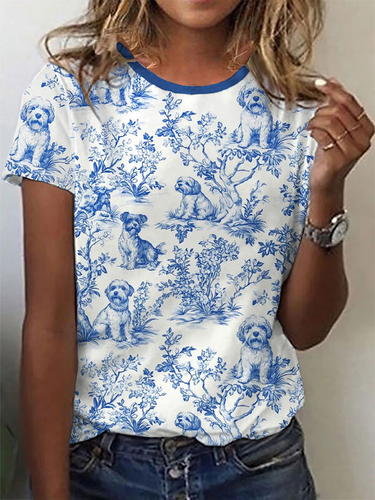 Camiseta casual estampada de perros para mujer