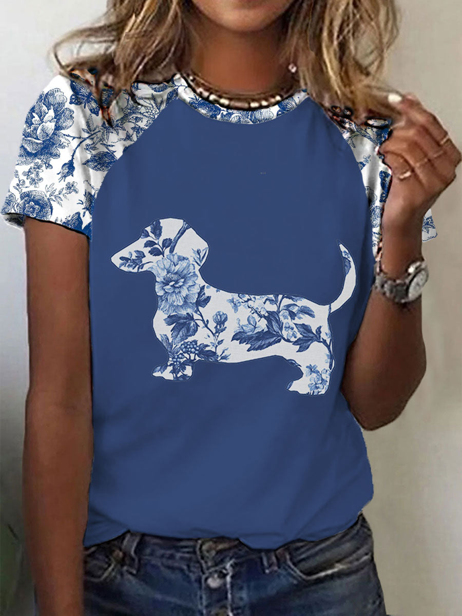 Camiseta con estampado floral Dachshund para mujer