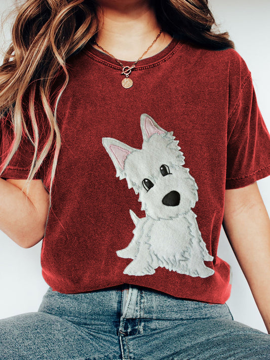 Camiseta encantadora del vintage del arte del remiendo del perro de las mujeres