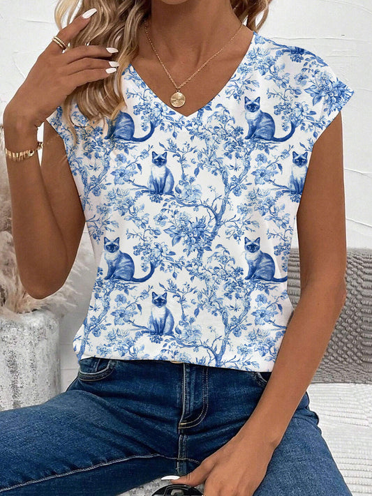 Camiseta casual con estampado de gato siamés para mujer