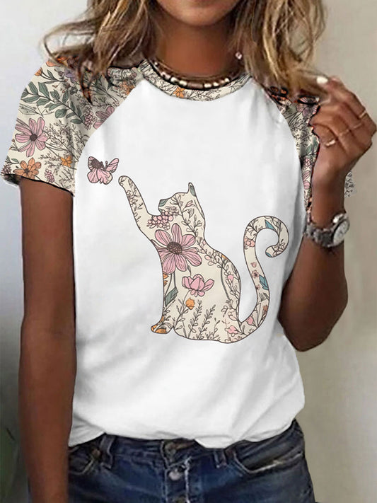 Camiseta casual con estampado de gato de flores silvestres para mujer