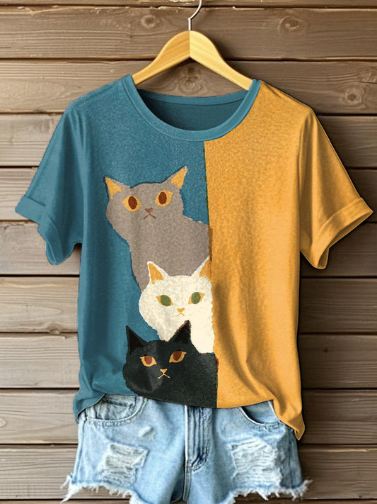 Camiseta con estampado de arte Funny Cat para mujer