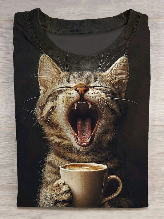 Funny Cat Impreso Vintage Moda suelta camiseta de manga corta