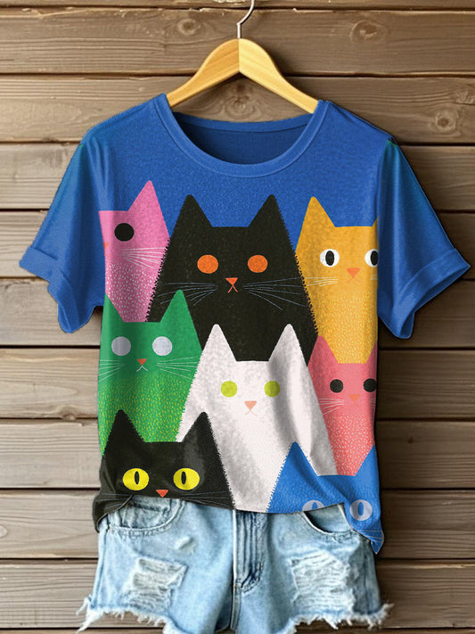 Camiseta con estampado de arte de gato colorido para mujer