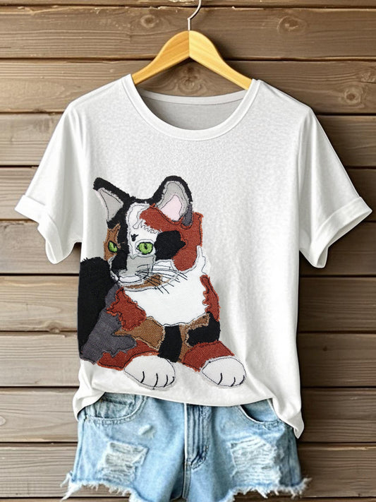 Camiseta linda del arte del remiendo del patrón del gato de las mujeres