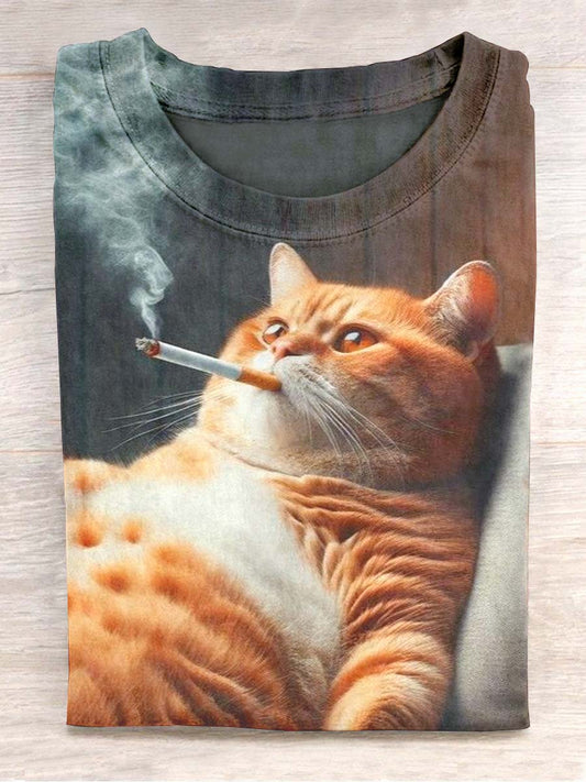 Unisex Smoking Cat Impreso Casual Camiseta de manga corta