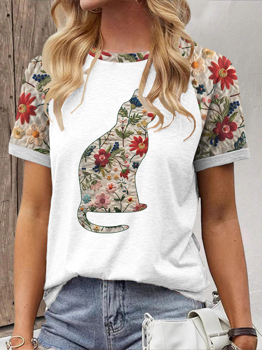 Camiseta casual con estampado floral de gato para mujer