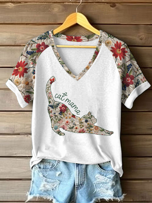 Camiseta casual con estampado floral de gato para mujer