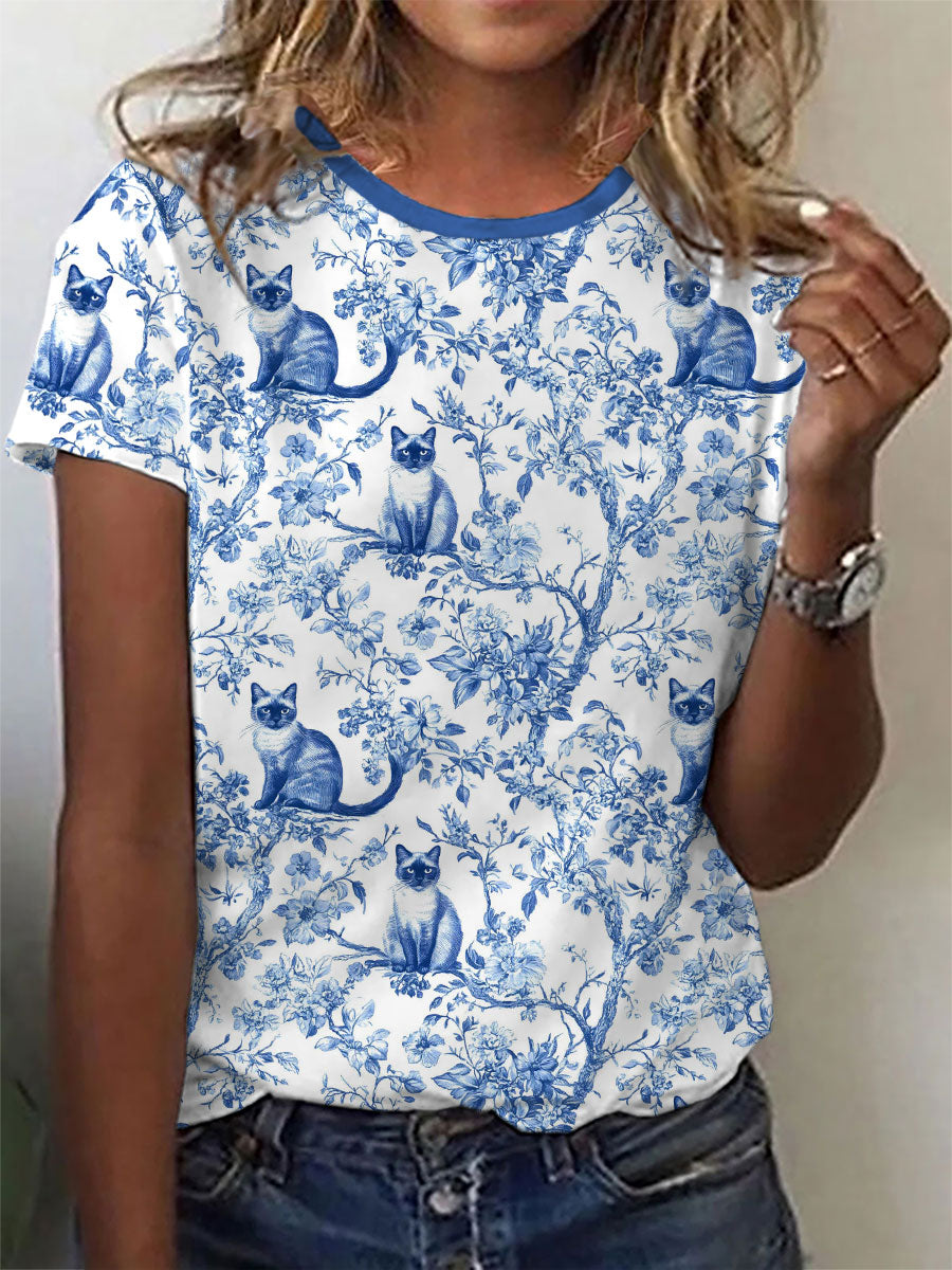 Camiseta casual con estampado de gato siamés para mujer