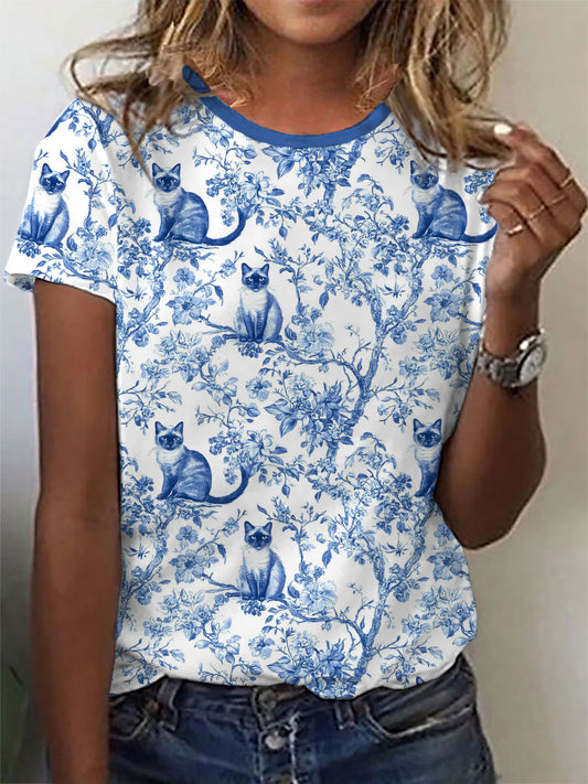 Camiseta casual con estampado de gato siamés para mujer
