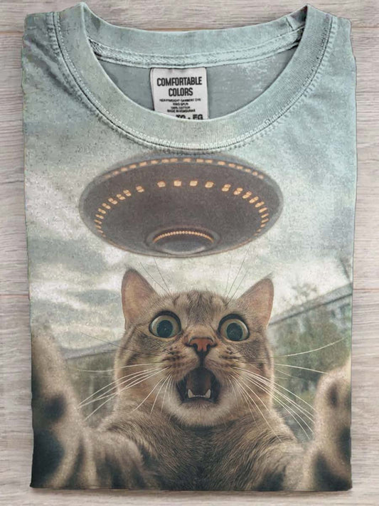 Funny Scared by Spaceship Cat Print Casual Camiseta de manga corta