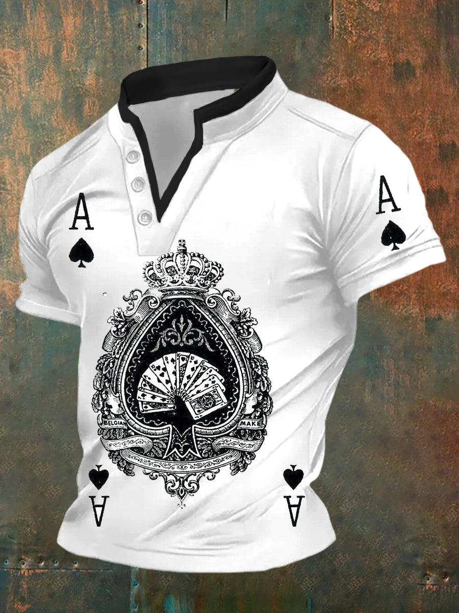 Polo de manga corta casual con patrón de póker retro para hombre
