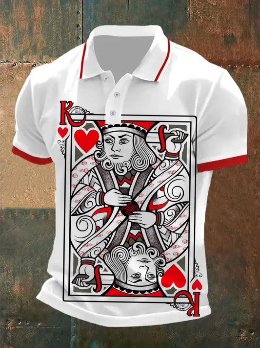 Polo de manga corta casual con patrón de póker retro para hombre