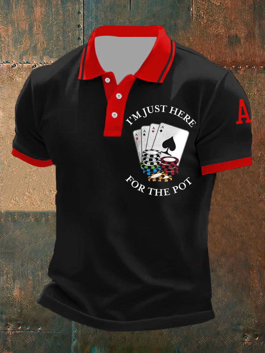 Polo de manga corta casual con patrón de póker retro para hombre