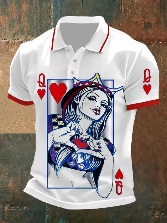 Polo de manga corta casual con patrón de póker retro para hombre
