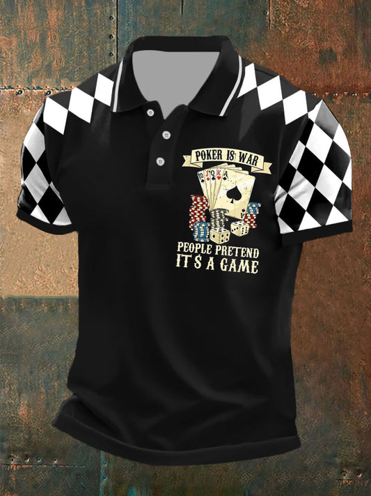 Polo de manga corta casual con patrón de póker retro para hombre