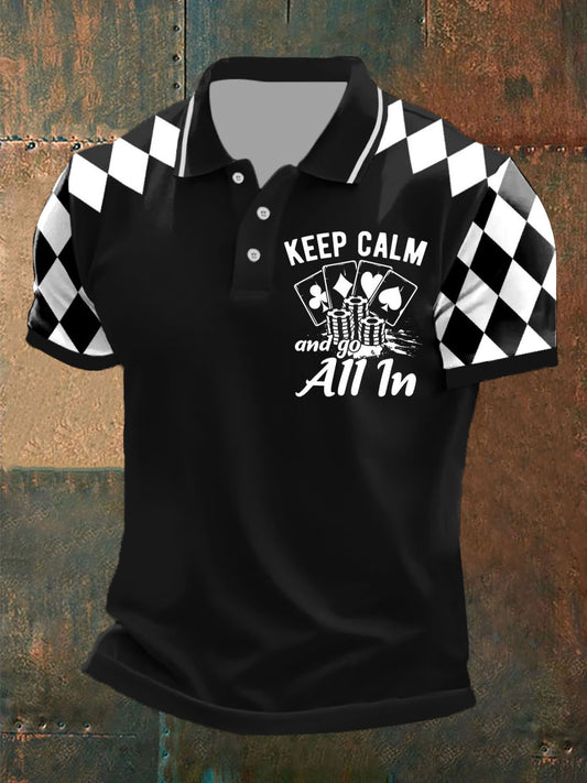 Polo de manga corta casual con patrón de póker retro para hombre