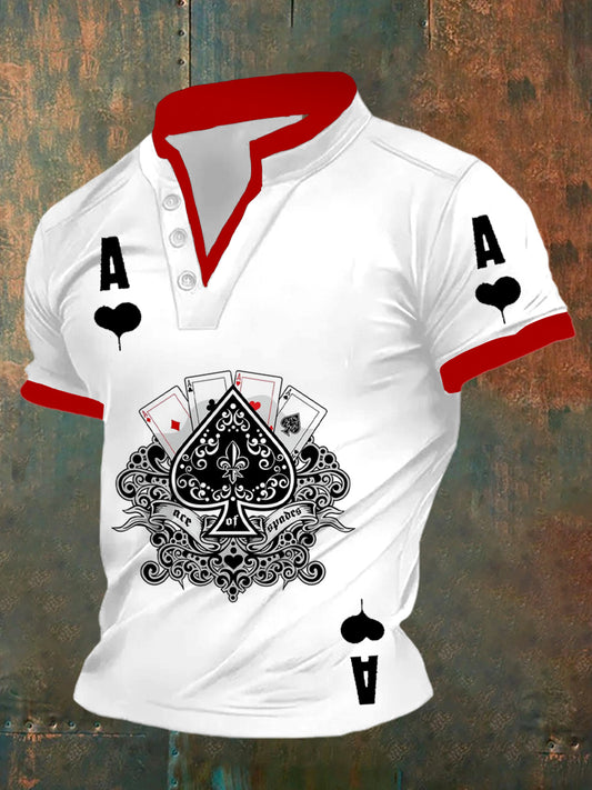 Polo de manga corta casual con patrón de póker retro para hombre