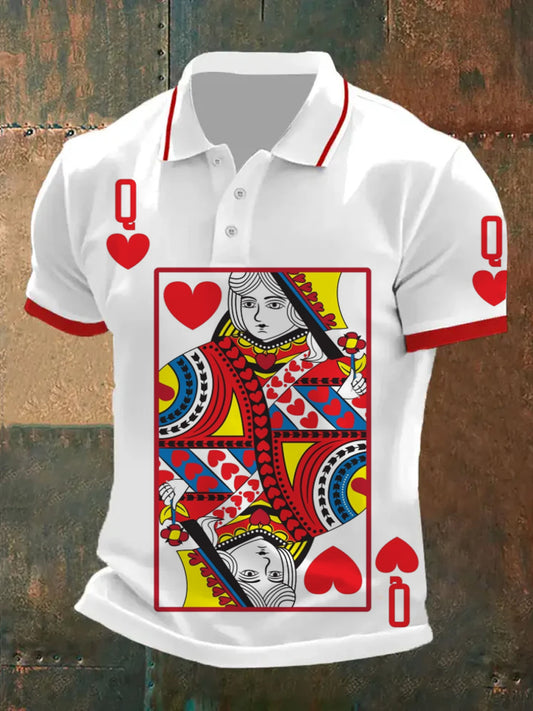 Polo de manga corta casual con patrón de póker retro para hombre