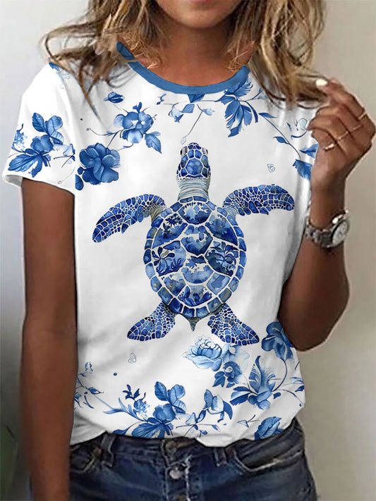 Camiseta casual con estampado floral de tortuga para mujer