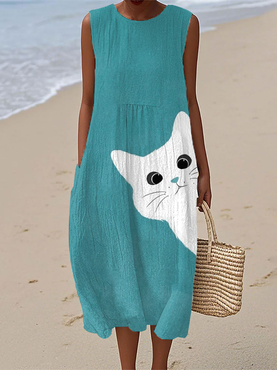 Vestido de lino lindo de la impresión del arte del gato de las mujeres