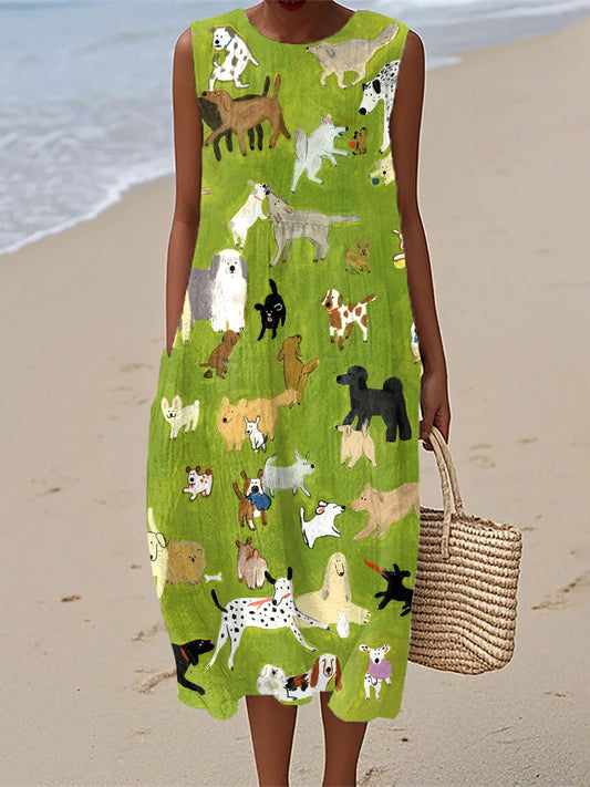 Vestido de lino de la impresión del perro del arte de la pintura al óleo de las mujeres