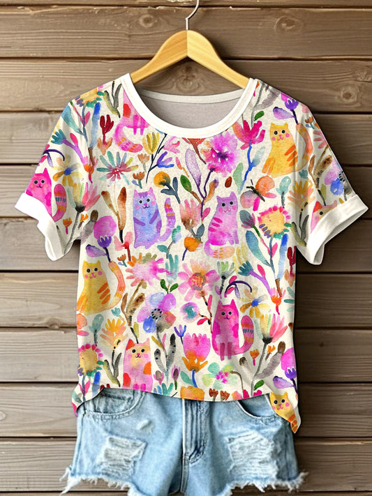 Camiseta con estampado de flores de gato de arte de acuarela para mujer