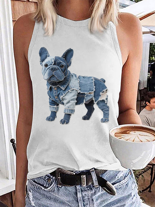 Mujer Bulldog Pattern Patchwork Art Tank Top