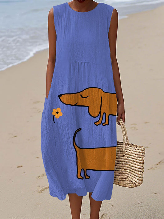 Vestido de lino con estampado de arte Dachshund para mujer
