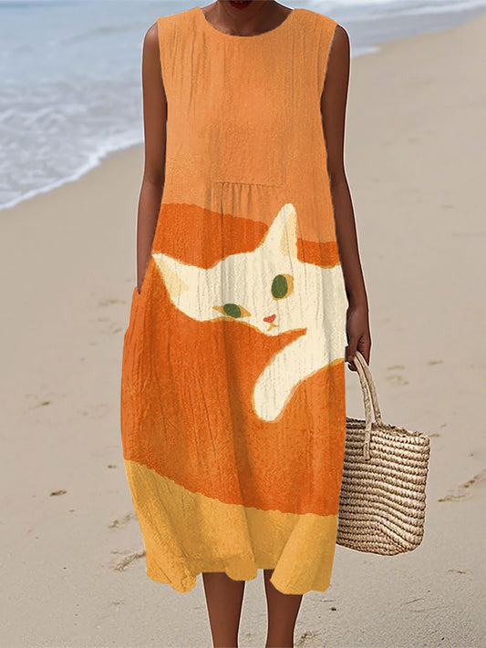 Vestido de lino lindo de la impresión del arte del gato de las mujeres