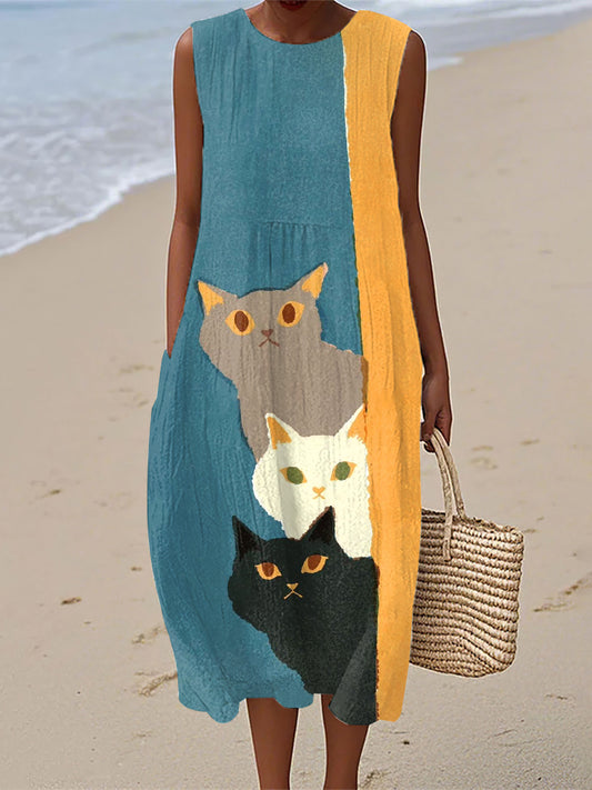 Vestido vintage de lino con estampado de arte de gatos divertidos para mujer