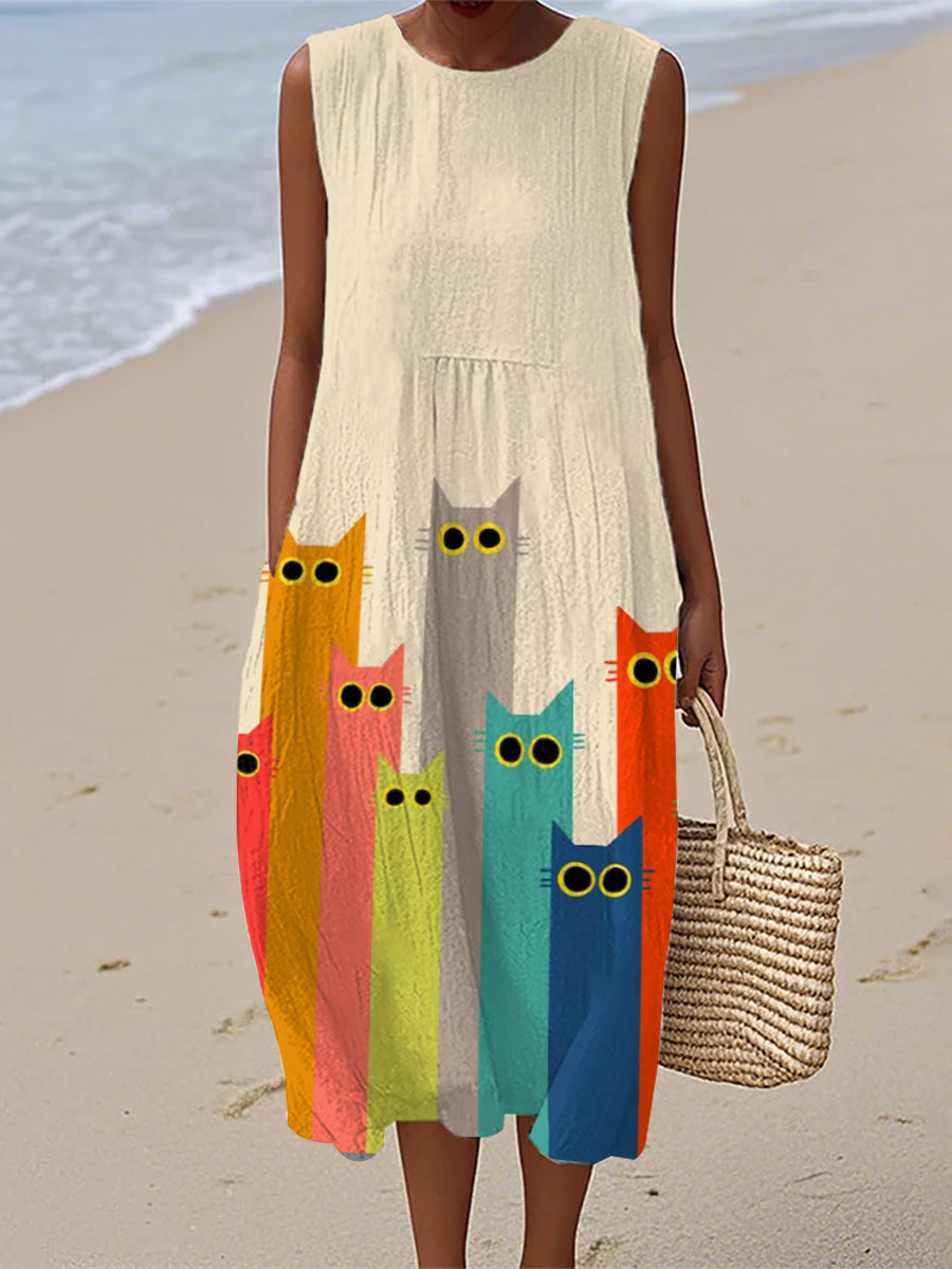 Vestido de lino de impresión de arte de gato colorido de las mujeres