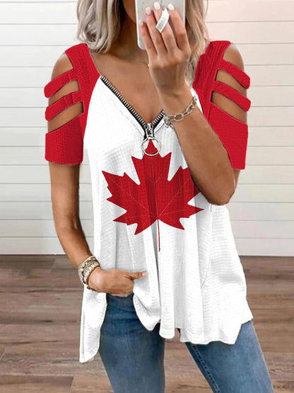 Top de hombro con cuello en V y cremallera casual con estampado de hoja de arce canadiense para mujer