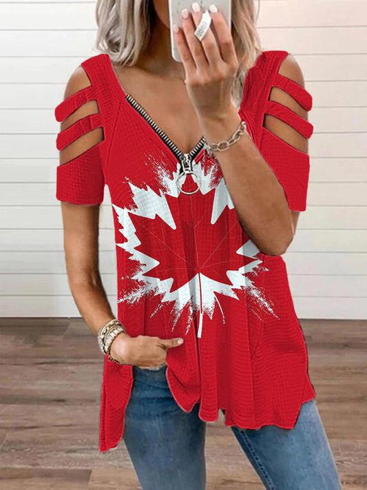 Top de hombro con cuello en V y cremallera casual con estampado de hoja de arce canadiense para mujer