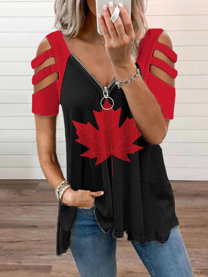 Top de hombro con cuello en V y cremallera casual con estampado de hoja de arce canadiense para mujer