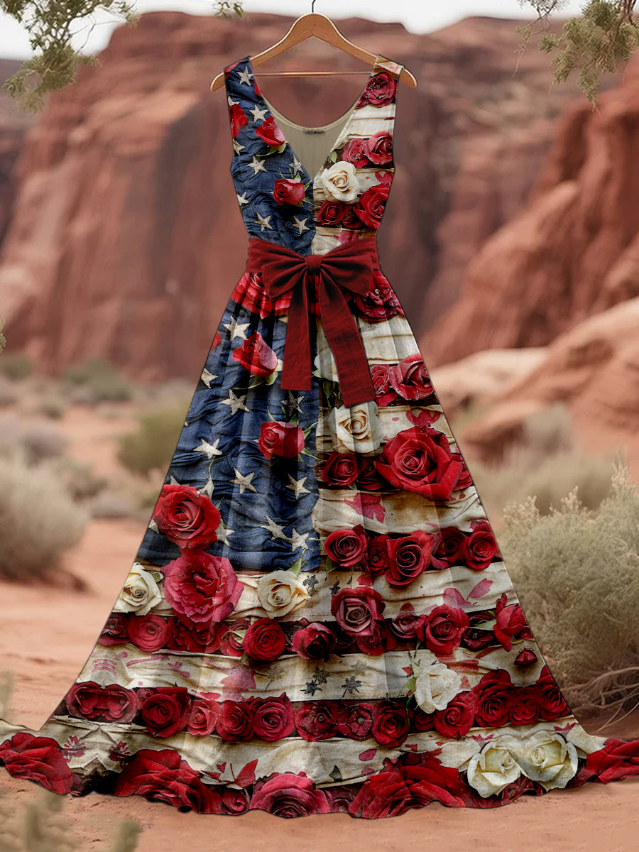 Retro American Flag Boho Floral Art Print V-cuello sin mangas de algodón Maxi vestido